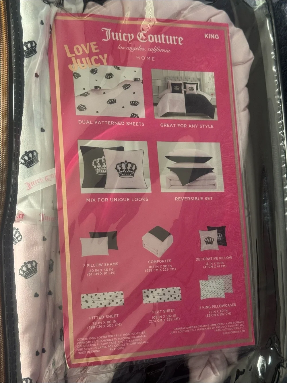 Juicy Couture Black/Pink Reversible 8pc KING Set Comforter,Shams,Sheets,Pillow